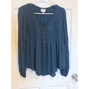 Knox Rose Peasant Blouse Long Sleeve‎ Button Down Top Smocked XS